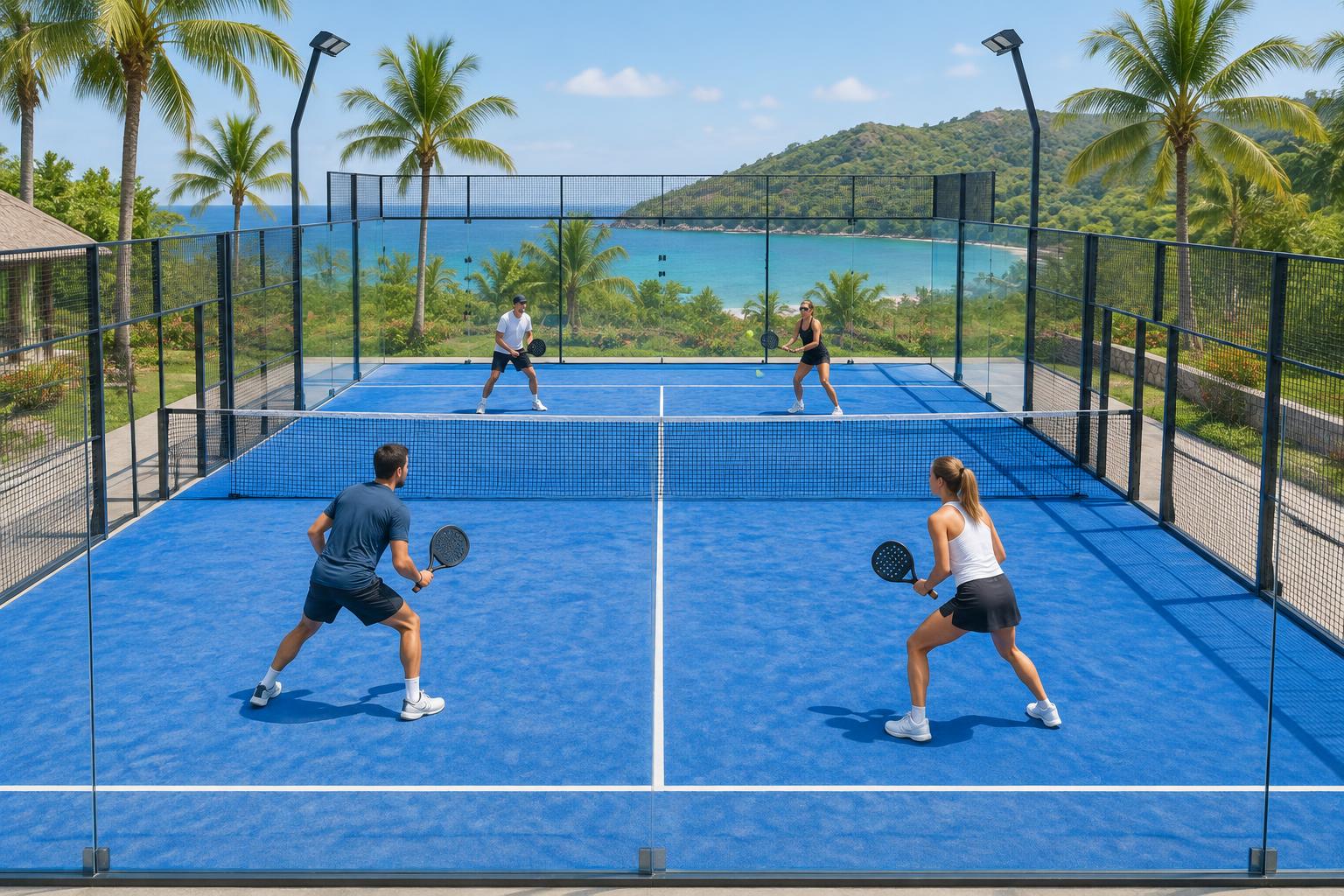 Ilustrasi empat orang bermain padel di lapangan berpagar kaca dengan suasana tropis